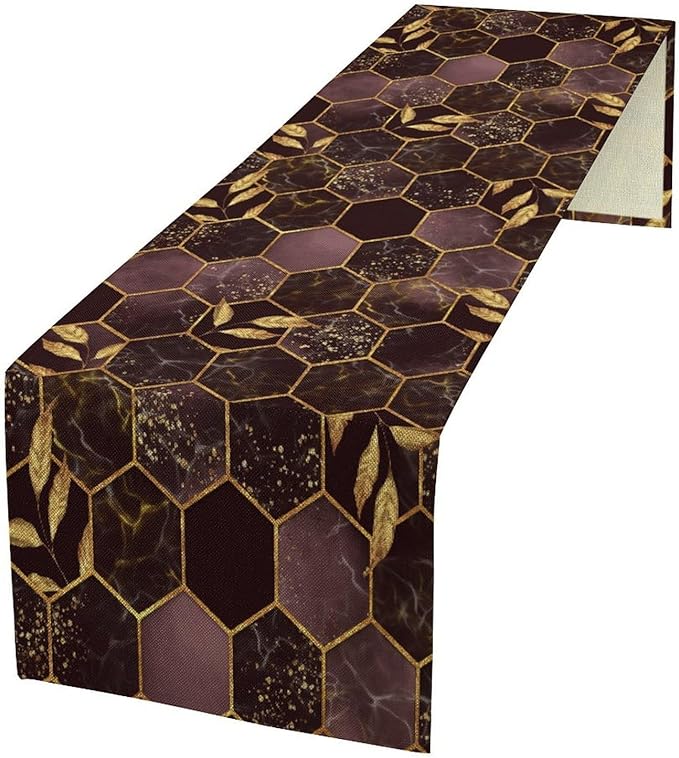 Marble Table Runner, Burgundy Red and Gold Abstract Geometry Hexagon Modern Luxury Texture Printed Linen Table Runners for Living Room Kitchen Dining Room Party Holiday Decor 13" W x 108" L