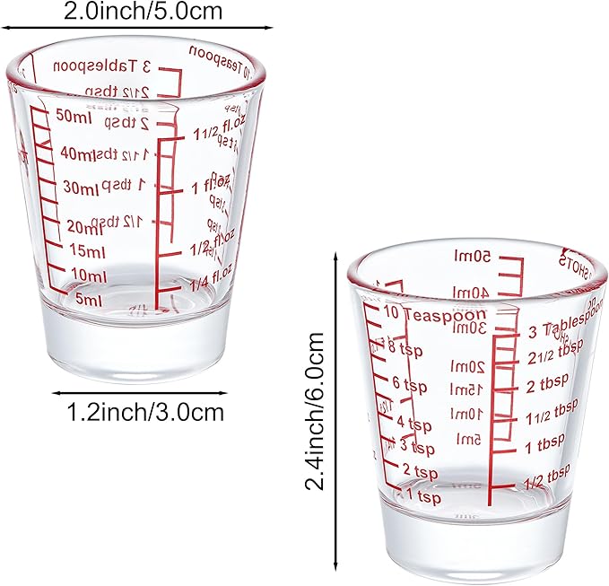 Ackers Mini Measure Heavy Glass, 32-Incremental Measurements Multi-Purpose Liquid and Dry Measuring Shot Glass, Red(Pack of 2)