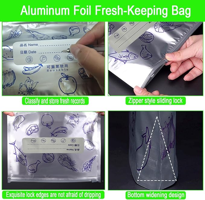Reusable Aluminum Foil Storage Bags, 30 Count - Thick, Leak-Proof Stand-Up Bags with Resealable Zipper for Food Storage & Organization | Freezer, Pantry & Meal Prep (Small)