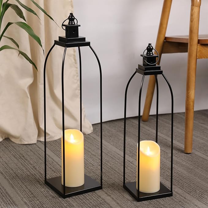 DARJEN 19'' 22'' Decorative Candle Lanterns, Large Farmhouse Decorative Metal Lanterns with 2 Flameless Candles, Black Candle Lanterns for Home Porch Fireplace Decor & Indoor and Outdoor Use