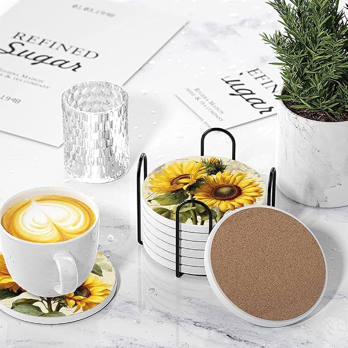 Drink Absorbent Coasters with Holder Set of 6, Ceramic Stone with Cork Base, Vintage Sunflowers Yellow Spring Flowers Coaster for Drinks, Gift for Housewarming Room Bar Home Decor Kitchen