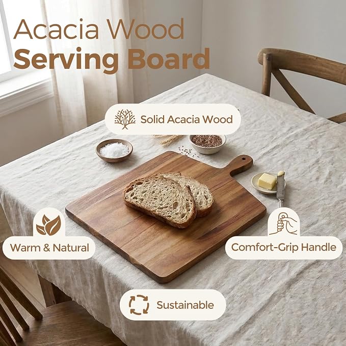 S310 Acacia Wood Cutting Board with Handle, Wooden Chopping Board for Meat, Cheese, Bread & Vegetables, Decorative Charcuterie Serving Board for Kitchen Cooking, Pizza & Party Dining, 17"x13"