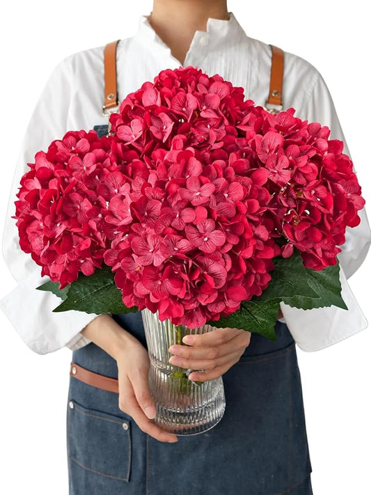 JINWOE 4PCS Silk Hydrangea Artificial Flowers, 21" Red Large Lifelike Flowers for Indoor Bouquet Table Centerpieces Floral Arrangements Home Wedding Home