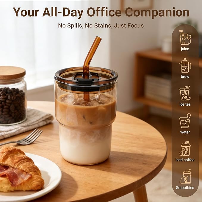 Luxfuel 16 oz Glass Tumbler with Lid & Straw, Reusable Iced Coffee Cup & Smoothie Cup, Leak-Proof Borosilicate Glass for Coffee, Iced Tea, Water – 2 Pack, Ideal for Office, Home & Travel, Amber