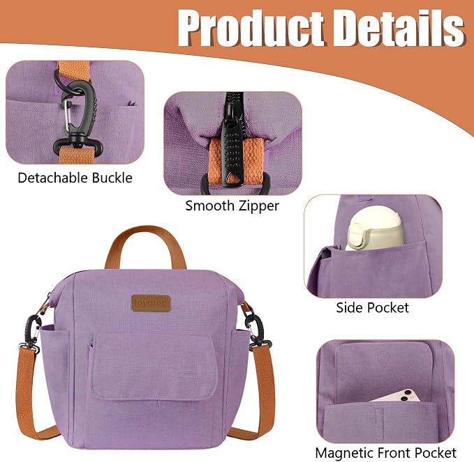 Joymee Insulated Lunch Bag For Women Reusable Leakproof -Purple | Spacious Storage, Bottle Holder & Pockets, Leakproof Insulated, for Work, Travel, Picnic, Daily Use, for Adult