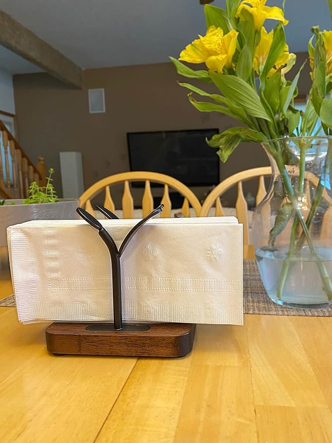 Leaf Napkin Holder, Wooden Napkin Holder for Tables, Freestanding Tissue Dispenser for Kitchen Countertop, Dining, Picnic Table, Indoor & Outdoor Use, Home Decor, Modern, Sturdy, Easy Assembly, Black