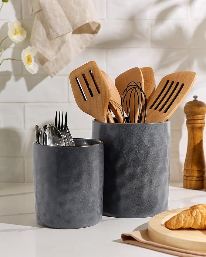 famiware Ocean Utensil Holder, 7.2"+5.8" Ceramic Kitchen Utensil Holder for Countertop, 2 Pieces Cooking Utensil Crocks, Utensil Organizer for Spatula & Spoon, Kitchen, Set of 2, Matte Dark Charcoal