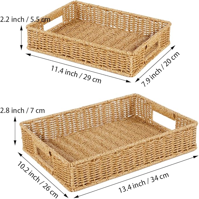 2pcs Woven Baskets Serving Trays with Handles, Poly Wicker Bread Basket Rectangular Platters for Fruit, Vegetables, Breakfast, Drinks, Snacks, Dining Coffee Table, 2 Size