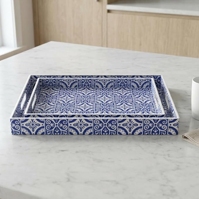 2 Pack Serving Tray with Handles, Rectangular Decorative Trays for Coffee Table, Modern Blue Plastic Ottoman Tray for Living Room, Bathroom, Kitchen, Decor, (Boho Blue)