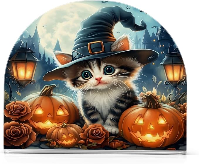 Halloween Cat Pumpkin Lantern Napkin Holder for Tables Paper Cocktail Napkin Holders for Kitchen Dinning,Acrylic Dinner Napkin Dispenser for Restaurant Home Decor Bar Accessories 1 Pack