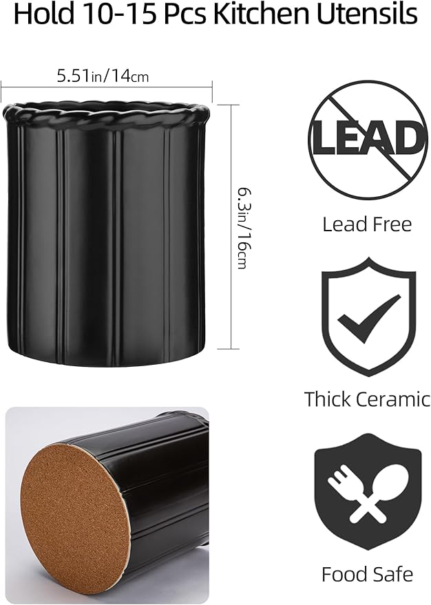 Ceramic Utensil Holder for Kitchen Counter, 6.3” Modern Kitchen Utensil Holder with Cork Bottom for Countertop, Cooking Tool Organizer for Spatula, Matte Black