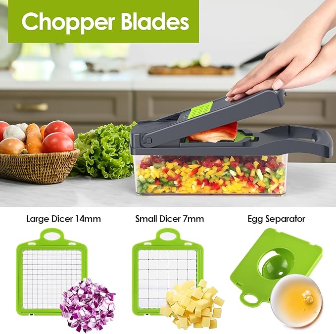 Vegetable Chopper Pro, Mandoline Slicer – 7 Stainless Steel Blades for Onion, Potato, Salad – Safe, Easy Clean & Dishwasher Safe Kitchen Gadget – Ideal for Parents, RV
