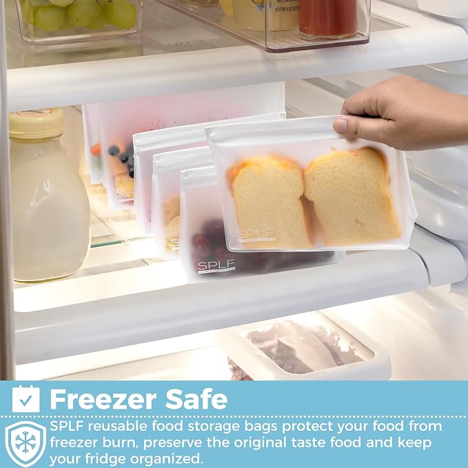 SPLF 8 Pack Dishwasher Safe Reusable Storage Bags (4 Half Gallon Freezer Bags, 4 Quart Sandwich Snack Bags), BPA FREE Stand Up Extra Thick Leakproof Silicone and Plastic Free Zipper Lunch Food Bags