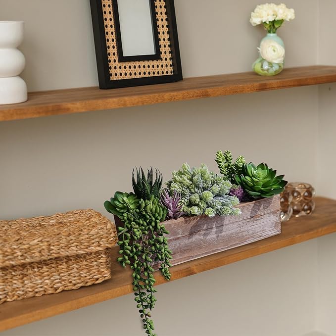 Winlyn Artificial Succulent Arrangement 14" Assorted Faux Succulents Plants in Rustic Rectangular Wooden Box Potted Succulents Plants for Farmhouse Home Table Centerpiece Windowsill Greenery Décor