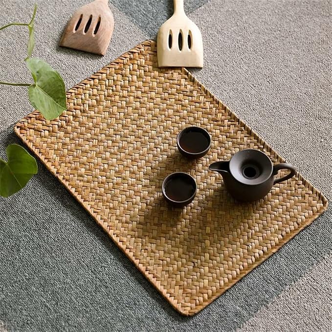 Natural Woven Rattan Rectangular Placemats Seagrass Place Mats for Dining Table (Set of 6, 18x12inches)