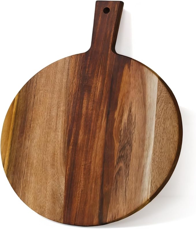 S310 Acacia Wood Round Cutting Board with Handle, Wooden Chopping Board for Meat, Cheese, Bread & Vegetables, Decorative Charcuterie Serving Board for Kitchen Cooking, Pizza & Party Dining, 17"x13"