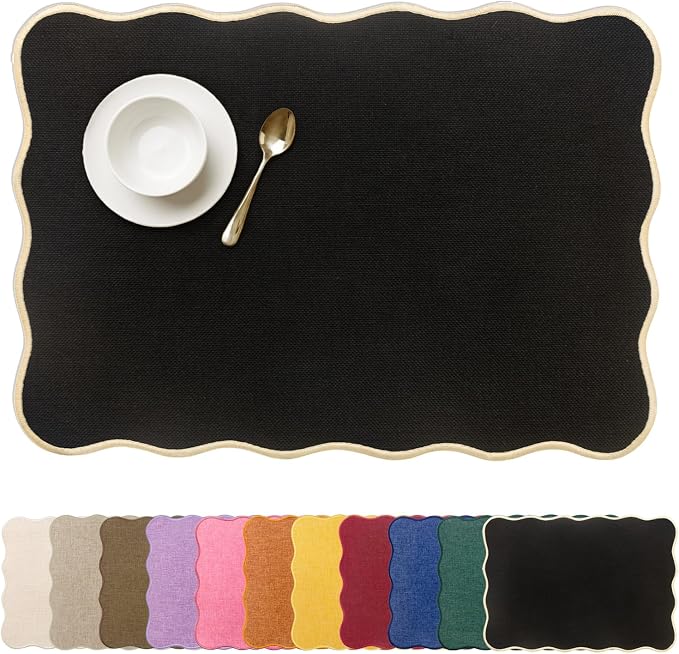AHHFSMEI Faux Linen Placemats Set of 6 Heat Resistant Non-Slip Stain Proof Table Mats for Kitchen Dining Elegant Decor Place Mats (Black)