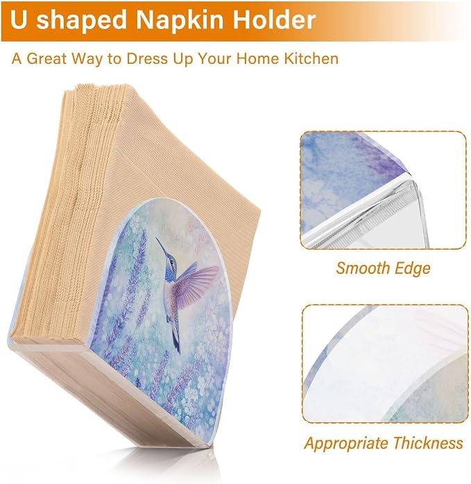 Fustylead Hummingbird with Purple Lavender Flowers Napkin Holder for Table Acrylic Cocktail Napkin Holders Small Decorative Napkin Dispenser for Home Party Dining Kitchen Accessories, 2 Pack