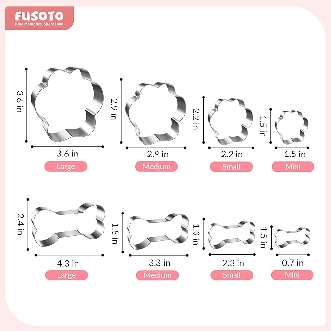 FUSOTO 8PCS Dog Paw Bone Cookie Cutter Set, Stainless Steel Baking Supplies for Homemade Cookies, Dog Paw Bone Cookie Cutters Shapes Biscuit Molds for Treat
