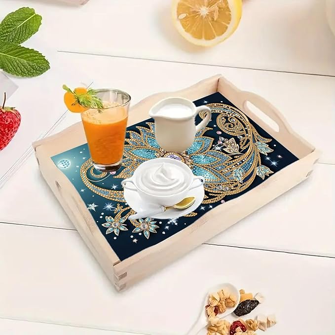 DIY Diamond Serving Tray Rectangular Wooden Breakfast Tray with Handle Handmade Diamond Art Painting Spring Creative Dinner Plate Coffee Room Living Home Organizer-Mandala02