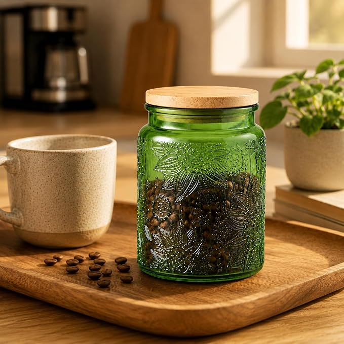 ANSQU Green Glass Canister, Candy Jar with Lid, 23.7 FL OZ Vintage Colored Mason Jars for Kitchen Decorative Jar for Coffee Tea Candy Cookies, Cute Jars (Green, 1 Pack)