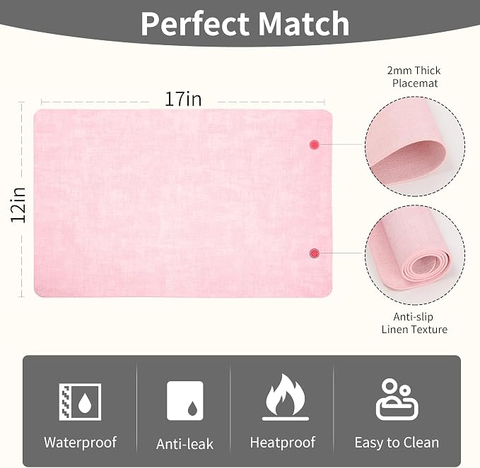 Maxpearl Faux Leather Placemats Set of 6 - Waterproof - Wipe Clean - Heat Resistant - Anti Slip Dining Table Place Mats, Suitable for Indoor & Outdoor Use, 17’’×12’’, Pink