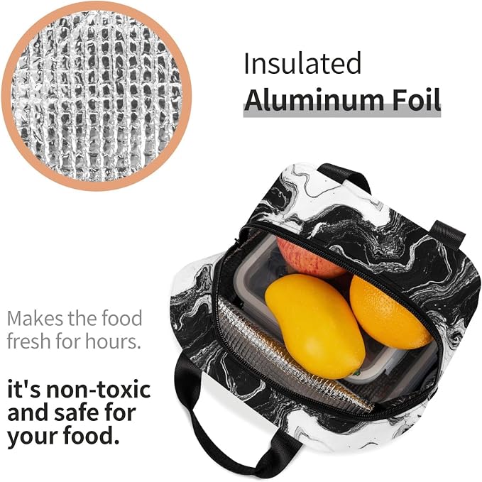 Insulated Lunch Bag Marble Black White Liquid Abstract, Leakproof Lunch Tote for Work School, Reusable Lunch Box Cooler for Adults Students, Compact Lunch Bag for Office College Picnic