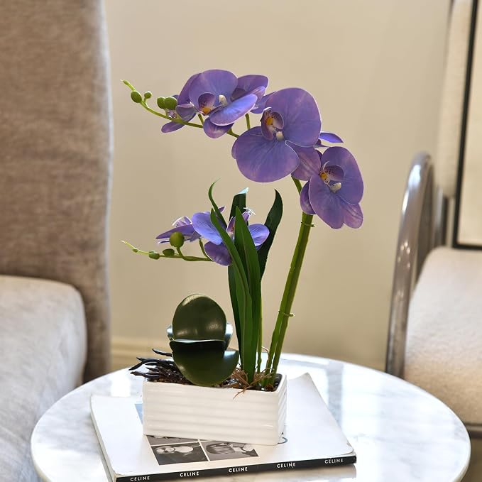 Artificial Real Touch Orchid Flowers in Pot Fake Phalaenopsis Flower with White Ceramic Vase Faux Orchids Arrangement for Home Table Office Wedding Party Decoration (Lavender)