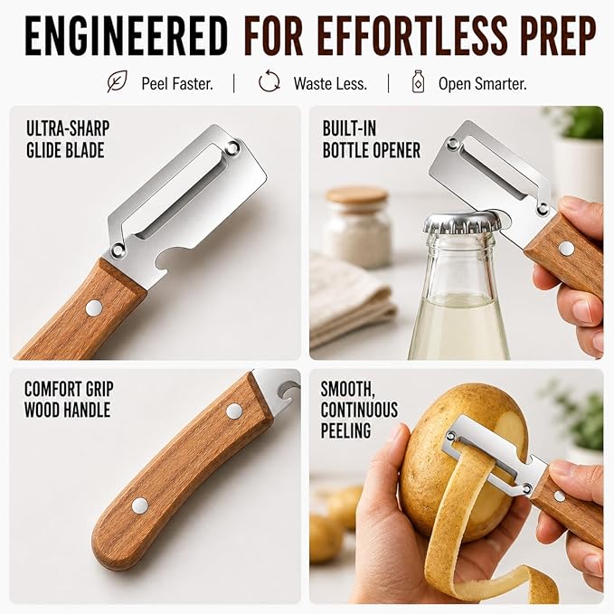 Multifunctional Vegetable Peeler with Wooden Handle, 2-in-1 Stainless Steel Peeler with Built-in Bottle Opener, Ergonomic Peelers for Kitchen, Sharp Vegetable Peeler for Potato, Carrot & Fruit(2)