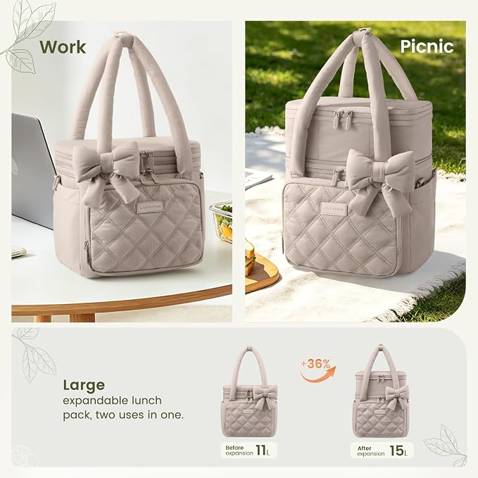 LOVEVOOK Insulated Lunch Bag Women,Expandable Double Deck Adult Lunch Box Women with Cup Holder,Bow Quilted Puffer Lunch Tote,Large Leakproof Collapsible Cooler Bag for Work College Picnic Meal Prep