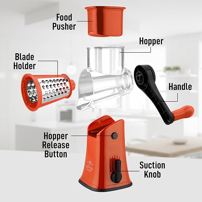 Zulay Kitchen Rotary Cheese Grater 5 Blade Cheese Shredder - Manual Hand Crank Cheese Grater With Reinforced Suction & 5 Interchangeable Drums - Easy to Use, Vegetable Chopper Round Mandoline Slicer