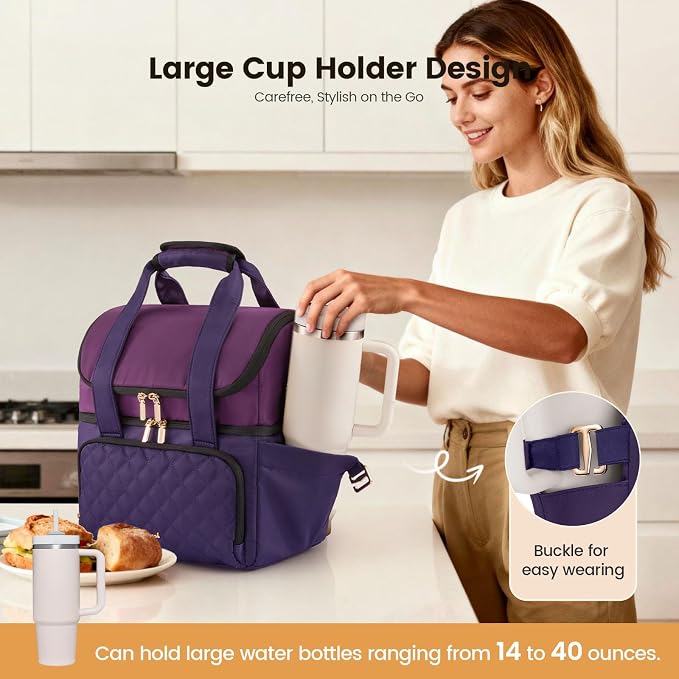 LOVEVOOK Insulated Lunch Bag For Women,X Large Double Deck Adult Lunch Box,Teacher Lunch Tote Bag With Cup Holder,Leakproof Cooler Bag With Adjustable Shoulder Strap For Work Picnic Beach,Larger 24L
