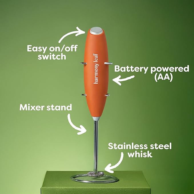 Harmony Leaf Handheld Milk Frother, Stainless Steel Electric Drink Mixer with Stand, Battery Operated Coffee Frother for Lattes, Matcha, Hot Chocolate and More, Orange