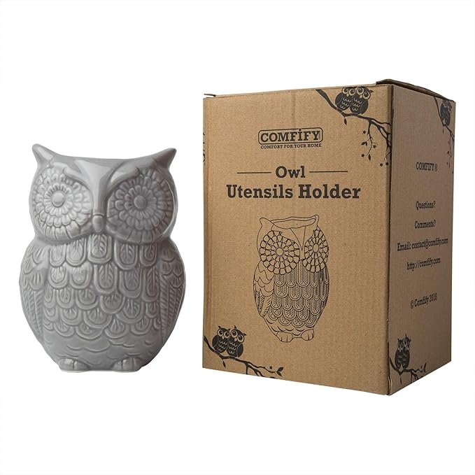 Comfify Owl Utensil Holder Decorative Ceramic Cookware Crock & Organizer, in Lovely Grey Color - Utensil Caddy and Perfect Kitchen Ceramic Decor Gift - 5" L x 7" H x 4" W