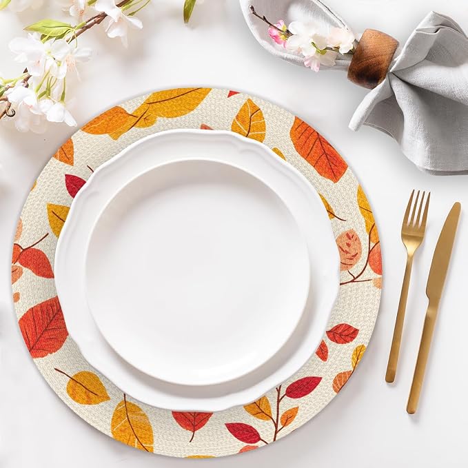 Round Placemats Set of 4, Autumn Maple Leaves Woven Placemats Mats Non-Slip Heat Resistant Washable Table Mats Round Braided Place for Farmhouse Kitchen Dining Party Decor 15in-6