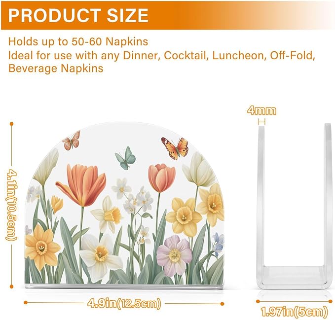 Tulips Daffodils Spring Flowers04 Napkin Holder for Tables Paper Cocktail Napkin Holders for Kitchen Dinning,Acrylic Dinner Napkin Dispenser for Restaurant Home Decor Bar Accessories 1 Pack