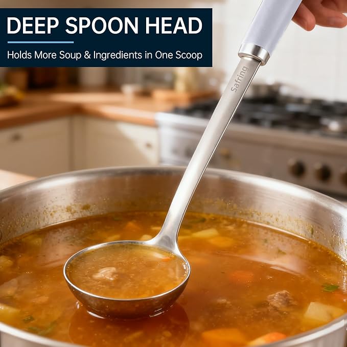 Safring Stainless Steel Soup Ladle and Spaghetti Spoon Set, Heat Resistant Rubber Handle, Dishwasher Safe, Kitchen Utensils for Cooking, Stirring, Serving Pasta, Soup & Sauce (Lavender)