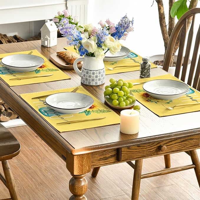 Artoid Mode Yellow Hello Sunshine Sunflower Summer Placemats Set of 6, 12x18 Inch Seasonal Spring Table Mats for Party Kitchen Dining Decoration