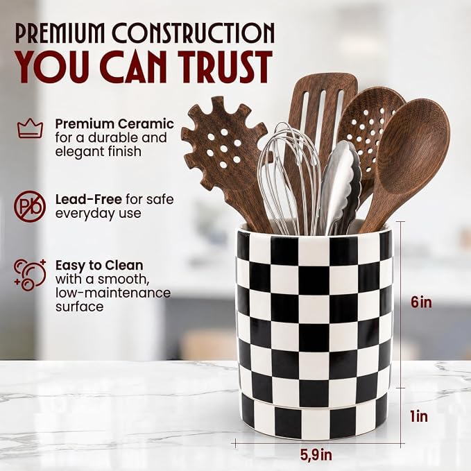 Checkered Utensil Holder for Kitchen Counter – Ceramic Utensil Holder for Checkered Kitchen Decor - Black and White Utensil Holder with Drainage Holes & Cork Base - Spatula Holder for Counter 7x6"