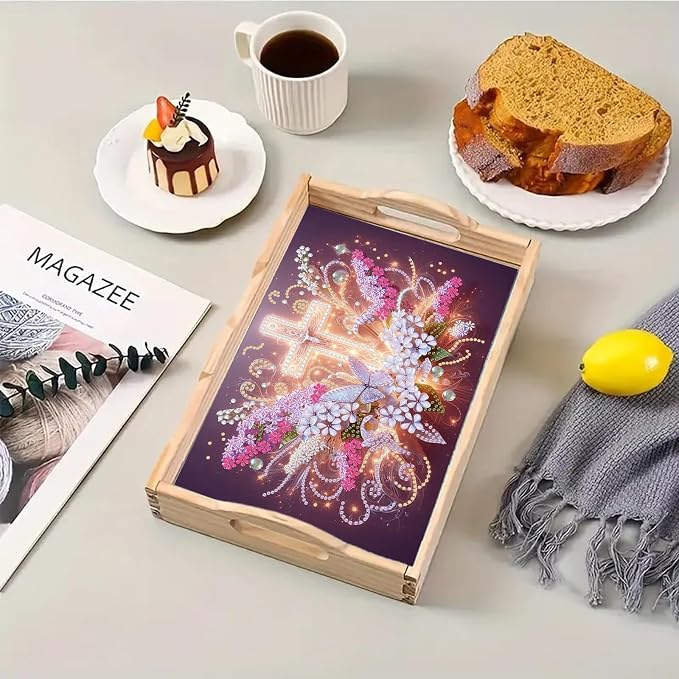 BAYUNOE DIY Diamond Serving Tray Rectangular Breakfast Tray with Handle Handmade Diamond Art Painting Wooden Tray Spring Creative Dinner Plate Coffee Room Living Home Organizer-Glowing Cross