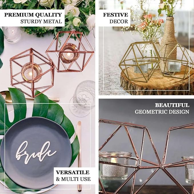 Efavormart 11.5" Rose Gold Geometric Candle Holder Set 2 Metal Geometric Centerpieces Joint Together