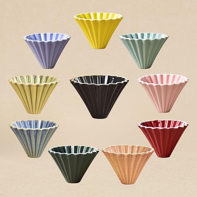 Yellow Ceramic Pour Over Coffee Dripper - 10.3×7.8cm Origami-Inspired V60 Cone Filter, Heat Retaining Hand Brew Cup with Deep Grooves for Smooth Flow and Rich Coffee Flavor