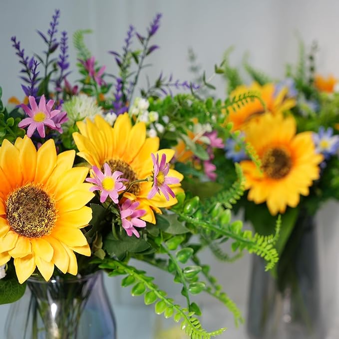 HUAESIN 15" Sunflowers Artificial Spring Flowers Bouquets Grave Flowers for Cemetery Faux Silk Flower Arrangements for Vase Home Kitchen Table Centerpieces Wedding Party Summer Decor
