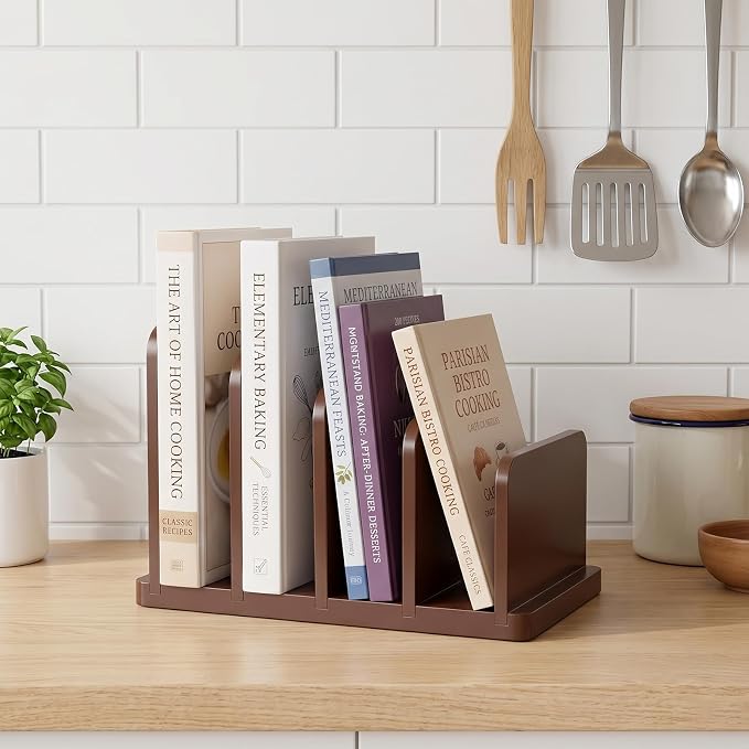 Bamboo Cook Book Organizer，4 Sections，Cookbook Stand for Kitchen Counter，Sturdy Recipe Book Holder Stand for Convenient Cookbook Storage（Burgundy）