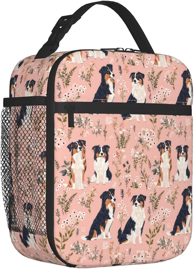 Reusable Australian Shepherd Lunch Box for Kids Girls Boys Women Adult, Insulated Cute Floral Dog Pink Lunch Bag,Polyester Cooler Handbags Case for School Picnic Work Travel Beach or Hiking