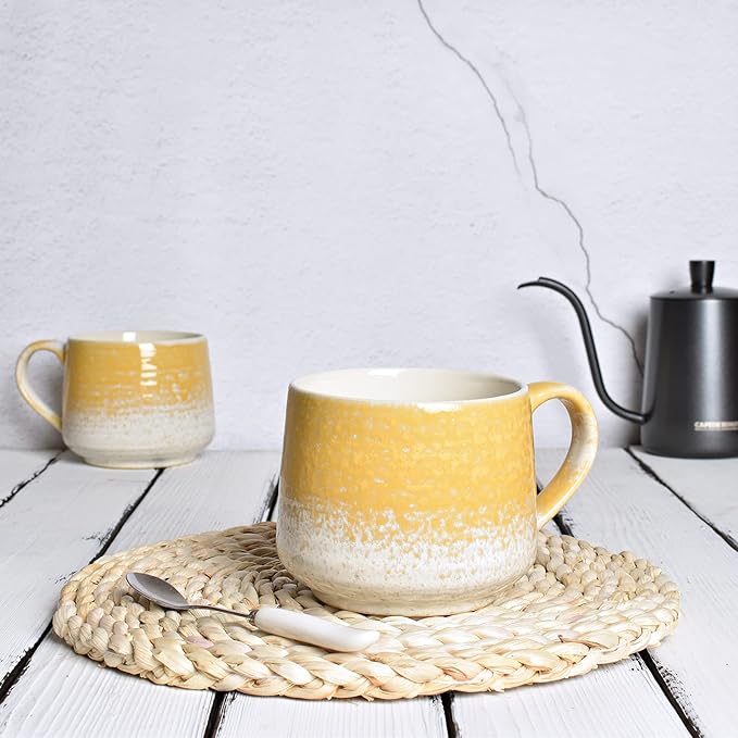 Bosmarlin Large Ceramic Wide Coffee Latte Mug Set of 2, 18 Oz, Yellow Big Stoneware Tea Cup for Office and Home, Dishwasher and Microwave Safe (Yellow, 2)