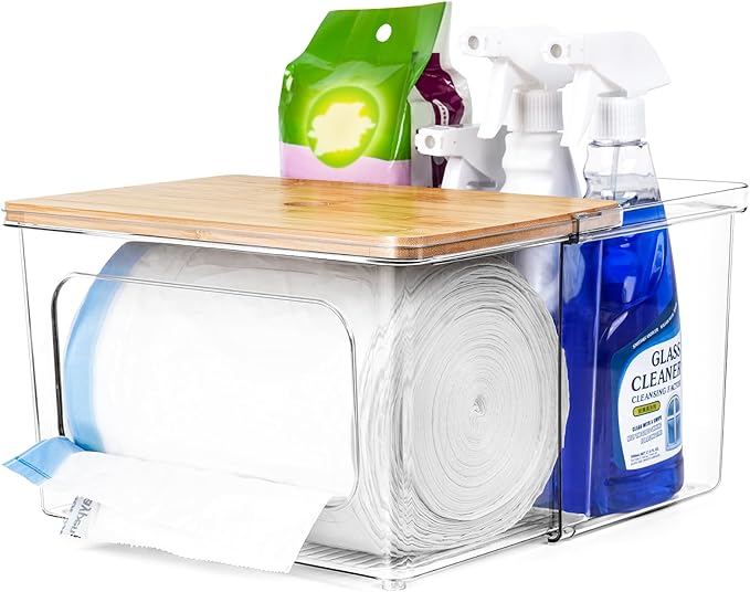 iCASA Trash Bag Dispenser Under Sink Organizer, 2-in-1 Acrylic Trash Bags Holder with Bamboo Lid, Holds Large Rolls up to 100 Count, Garbage Bag Storage Container for Kitchen, Pantry, Laundry Room