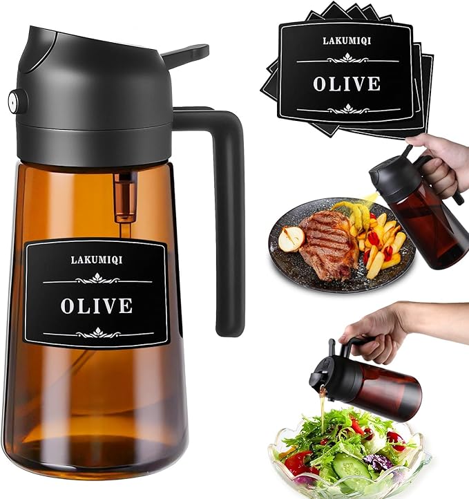 LAKUMIQI 2-in-1 Olive Oil Sprayer for Air Fryer – 16oz Glass Oil Dispenser & Cooking Oil Mister – Spray & Pour Bottle, Non-Aerosol, Leak-Resistant, for Salad, BBQ, Kitchen