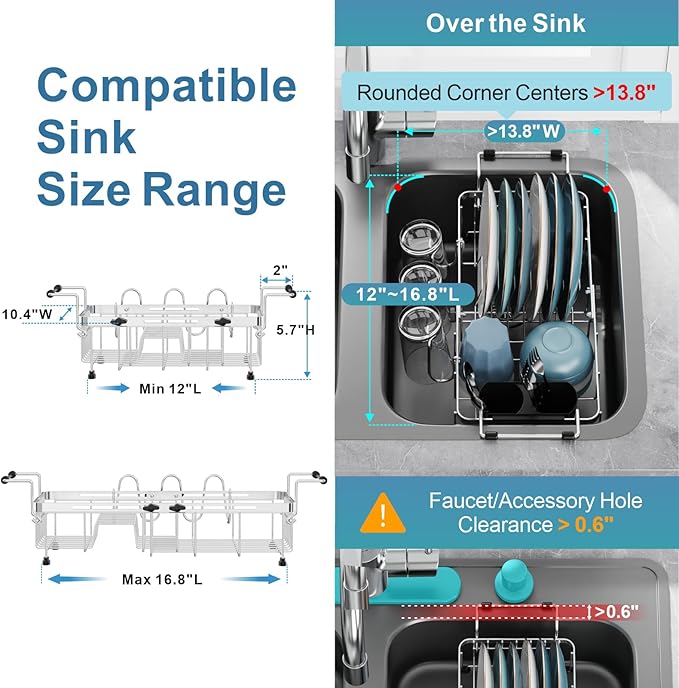 GSlife Small Sink Dish Drying Rack with Cup Holder - Expandable Stainless Steel Compact Dish Drainer for RV, Camper, Kitchen, Dish Strainer with Locking Knob, Fit Sink 11.9"-16.7" L, Silver