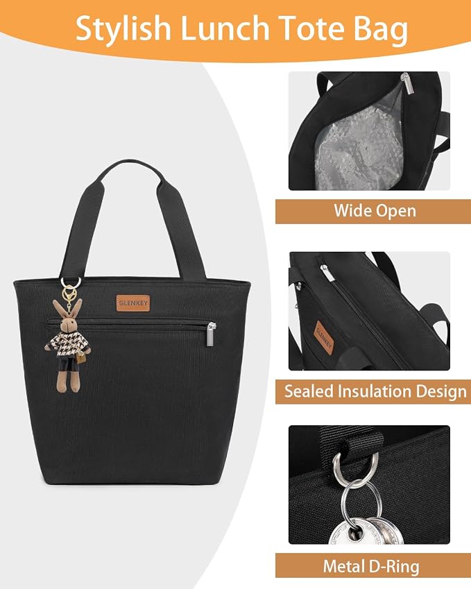 GLENKEY Insulated Lunch Bag Tote Lunch Box - Large Leakproof Cooler Bags for Adults - Soft Lunchbox for Women Work Shift Outdoor Travel Black 8L